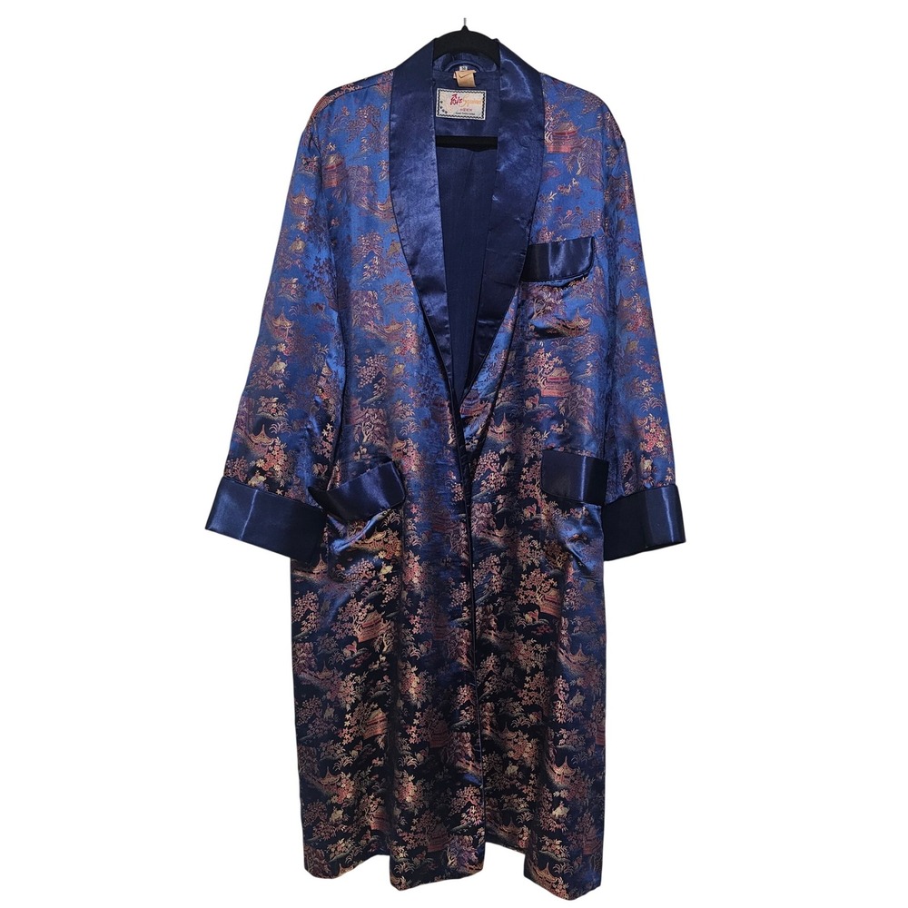VTG Solz Squirrel Satin Robe EU 50 Blue Brocade Asian Pagoda Dressing Gown XL